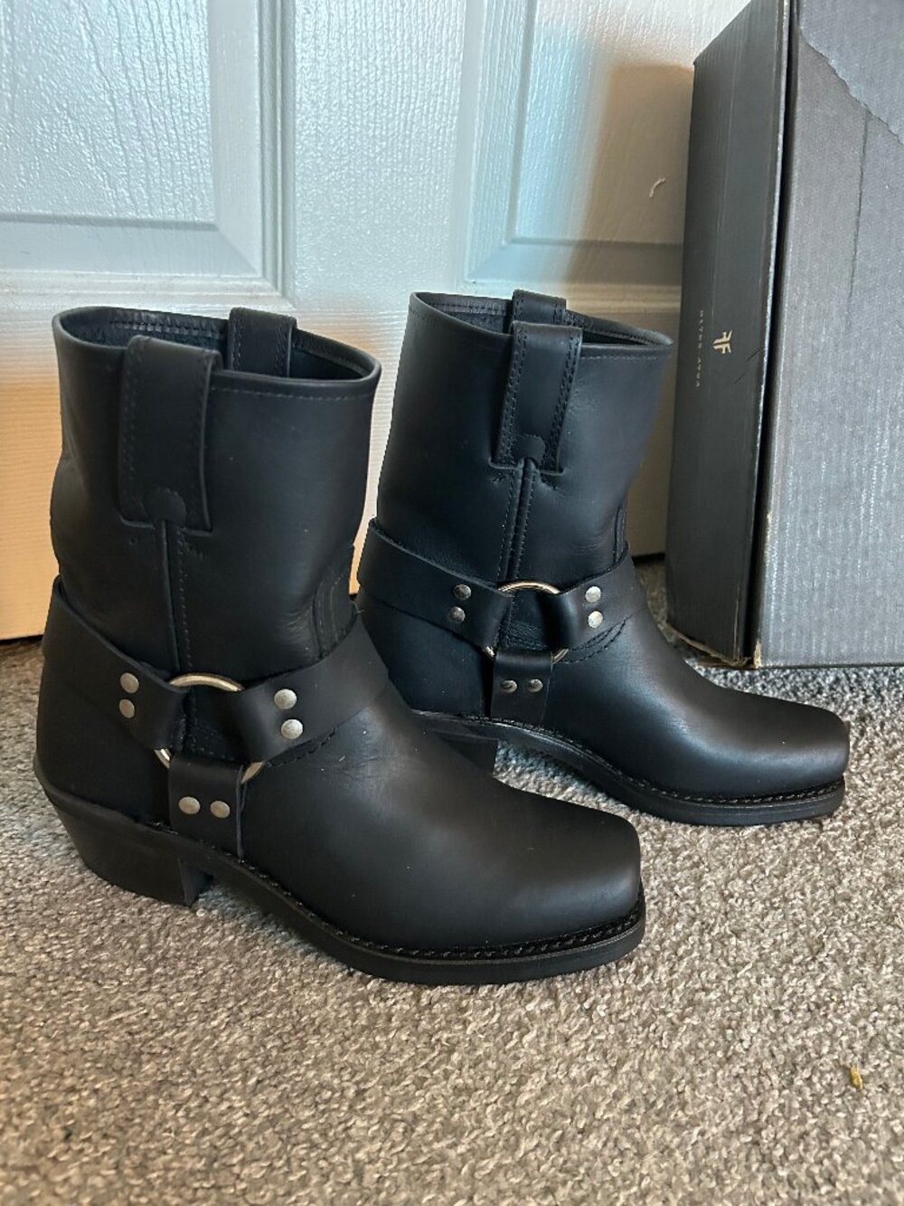 Frye Black Leather Harness Moto Boots